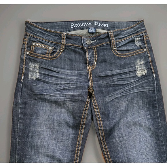 Antique Rivet Denim - Antique Rivet 97628 5 Pocket Blue Jeans Ripped Distressed Denim Straight Leg 29